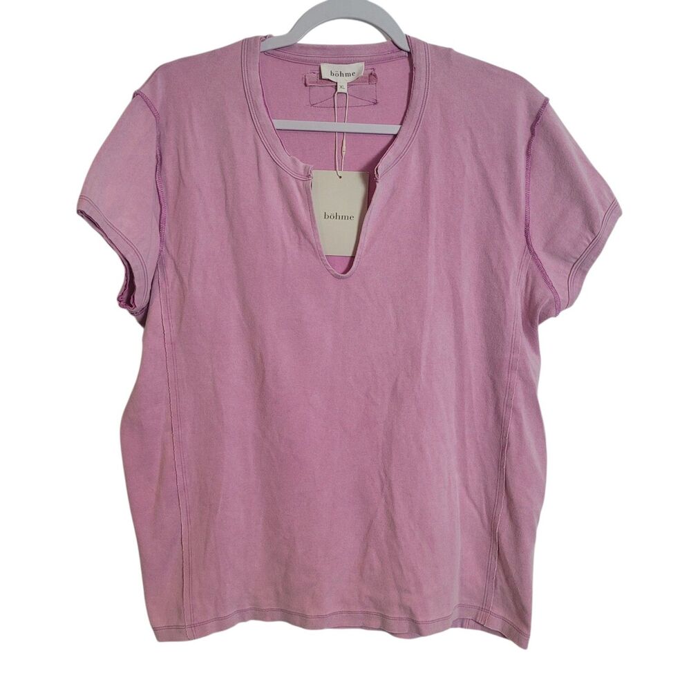 NEW Bohme Y Neck T Shirt Women's Size XL Pink Raw Edge Seam Boho Athleisure
